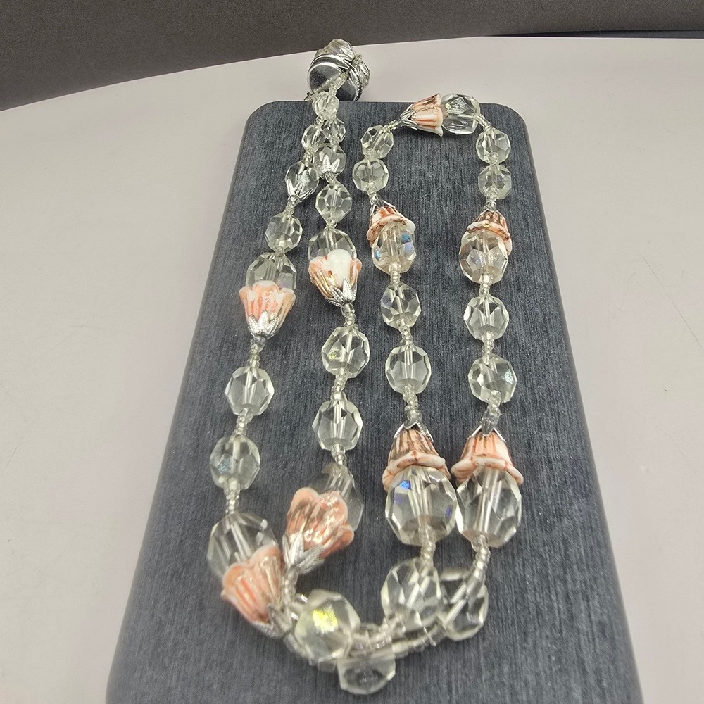 Vintage Estate Glass Tulip Beaded Necklace Clear Pink Floral 26in